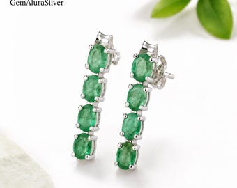 Natural Emerald Drop Earrings, 925 Sterling Silver, May Birthstone Jewelry