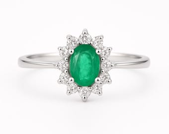 Natural Emerald Sterling Silver Halo Ring, May Birthstone