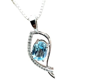 Blue Topaz 925 Silver Pendant Necklace, December Birthstone Gift