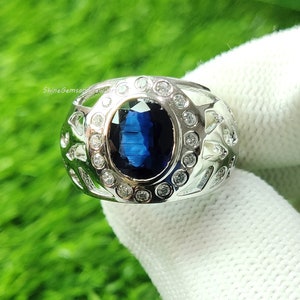 Anillo de compromiso de cianita natural, joyería de plata esterlina hecha a mano, alianza de boda perfecta, regalo único para él