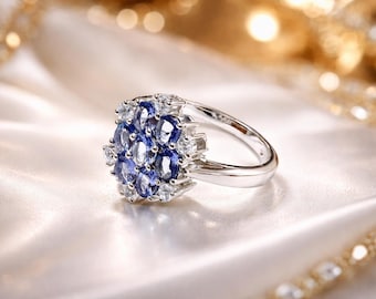 Natural Tanzanite Seven Stone Ring: Handmade Sterling Silver December Birthstone