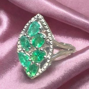 Natural Emerald Engagement Ring | Six Stone Silver Ring for Women, Unique Birthstone Jewelry, Promise Ring Gift