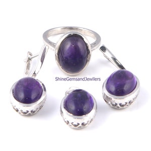 Natural Amethyst Cabochon Jewelry Set - Handmade Silver Jewelry, Personalized Gift for Her, Unique & Elegant Accessory