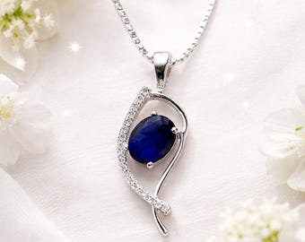 Colar com Pingente de Safira Azul, Pingente em Prata de Lei 925 em Formato de Gota, Joia da Pedra de Nascimento de Setembro