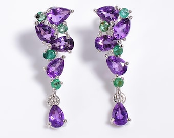 Natural amethyst dangle drop earrings, May and February Birthstone gift| 925 Sterling Silver, Purple and green gemstone jewelry Gift for her