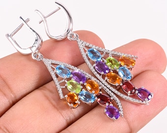 Multi-Gemstone Sterling Silver Drop Earrings: Topaz, Citrine, Amethyst, Peridot & Garnet