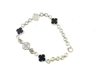 Black Onyx Adjustable Charm Bracelet • Dainty Four Leaf Clover Bracelet • Minimalist 925 Sterling Silver  Bracelet • Best Cyber Week Gift