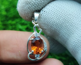 Natural Golden Citrine Pendant, Fine Quality Topaz Birthstone Necklace, Sterling Silver, Unique Vintage Solitaire Jewelry