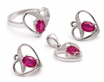 Natural Ruby Heart Jewelry Set, Sterling Silver Necklace Earrings, Oval Gemstone Gift