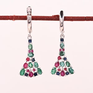 Multi-Gemstone Sterling Silver Earrings: Emerald, Ruby & Sapphire