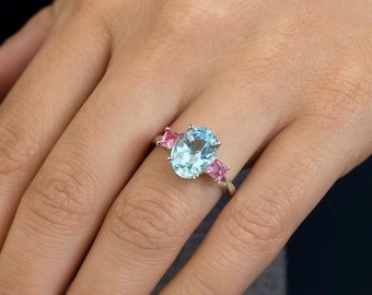 Blautopas & Rubin Sterlingsilber Ring - Handgemachter Statement Schmuck mit zwei Edelsteinen