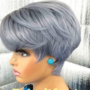 Steel grey blue black root pixie short cut wig with swing bang
