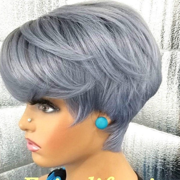 スチールグレー、ブルー、ブラックのルートピクシーショートカットウィッグ（スイングバング付き）