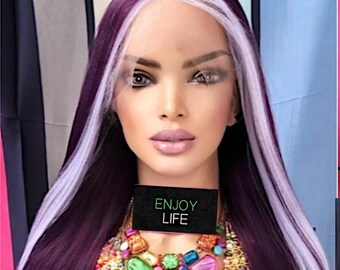 double purple plum grape lace front straight h.d wig with lavender front highlighted streaks