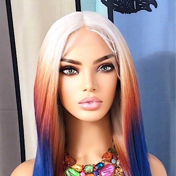 Sexy blonde root blue h.d lace frontal red splash colorful straight  adjustable wig