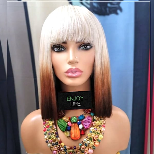 blonde chinese  bang straight copper brown dipped adjustable wig perfect for the summer