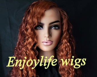 May include: A long, curly, auburn-colored wig with a side part. The wig is styled with loose, flowing curls. The text "Enjoylife wigs" is visible at the bottom of the image.