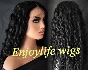 May include: A black curly wig with long, loose waves. The wig is styled on a mannequin head and the text "Enjoylife wigs" is visible in the image.