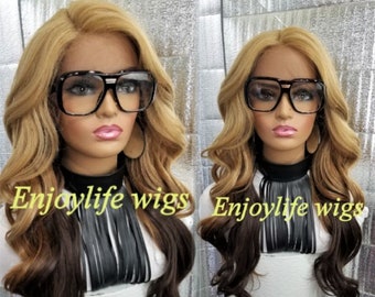 Wavy blonde brown bottom balaylage ombre golden lace front wig