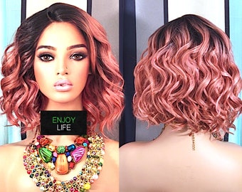 wavy rose gold pink bob wig with dark roots h.d lace front with natural looking deep side part