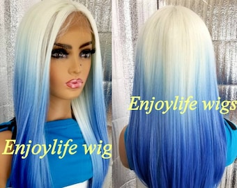 blue blonde straight lace front wig