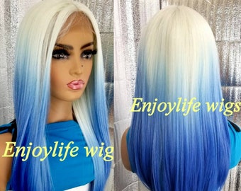 blue blonde straight lace front wig