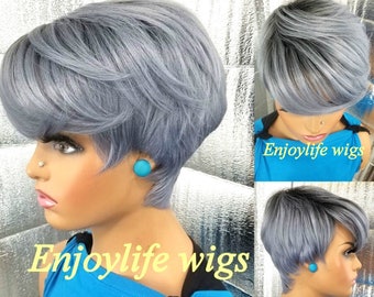 Steel grey blue black root pixie short cut wig with swing bang