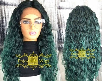 Emerald Green H.d Black Root Curly Water Wave Lace Front Wig  display picture 3