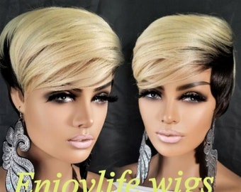 Blonde Black Pixie Wig: Short, Adjustable, Heat Safe