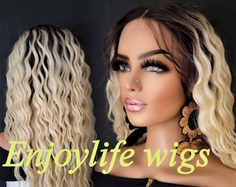 sexy blonde brown root natural wavy lace front wigs
