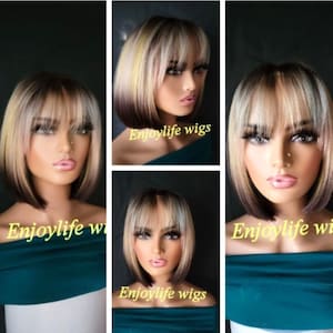 color dream natural straight Chinese bang adjustable wig with pink, yellow and brown highlights