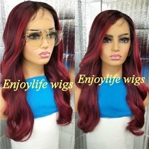 red splash burgundy fusion black root lace front wavy wig