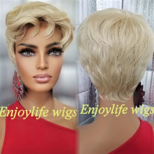 blonde natural look pixie women's short cut wavy pin curl wig