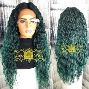 mint money green black root curly water wave lace front wig