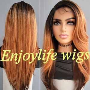 natural looking H.D copper orange fire dark  brown root balayage color wavy lace front wig layered cut