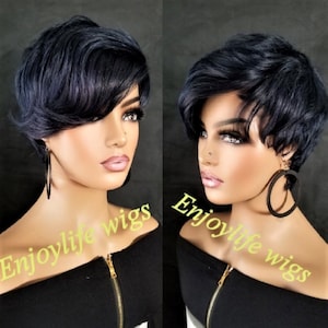 short sexy 100 percent human hair blue black  pixie wig with adjustable straps and combs in the cap