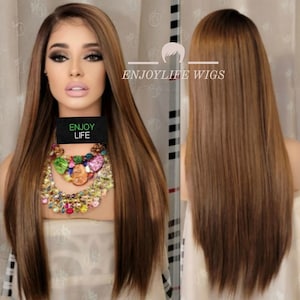 silky straight brown balayage h.d lace front wig with copper blonde highlights