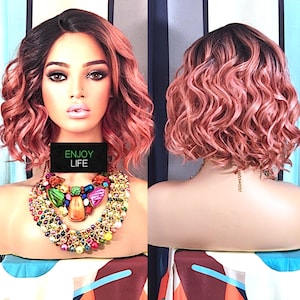 wavy rose gold pink bob wig with dark roots h.d lace front with natural looking deep side part