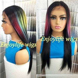 Black 3D multi-color splash custom dyed straight lace front wig image 1