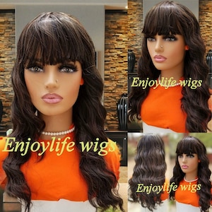 wavy brown balaylage black dark root Chinese bang adjustable wig