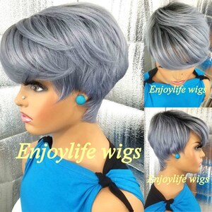 Steel grey blue black root pixie short cut wig with swing bang