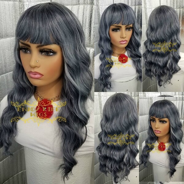 Brown With Gray Highlights Wigs Etsy