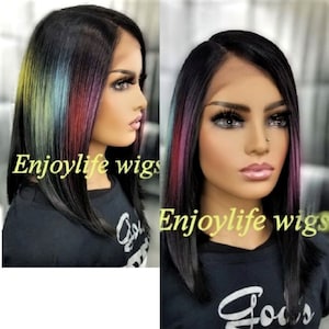 Black 3D multi-color splash short bob custom dyed straight lace front wig