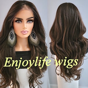 free part  h.d natural looking lace front wavy black balayage brown highlighted adjustable wig.