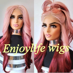 gorgeous violet pink burgundy dream free part hd transparent wavy lace front adjustable wig