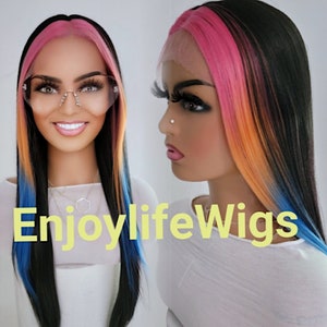 Black 3D multi-color front rainbow streak highlighted custom dyed straight lace front  h.d wig