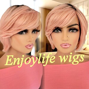 sexy kurze 100-prozentige menschliche rosa-roségoldene dunkle Wurzelknall-Perücke