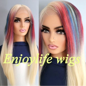 blonde gerade h.d Seeufer verstellbare Perücken mit Farbknall Regenbogen Highlights