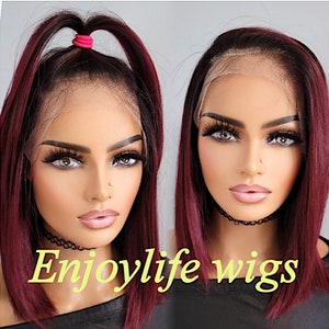 sexy light weight  free part H.D transparent lace front burgundy wine dark root bob wig with adjustable straps