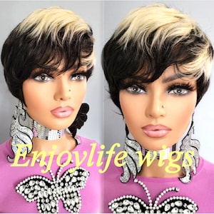 100 percent human hair, blond black swirl pixie natural layered cut wig